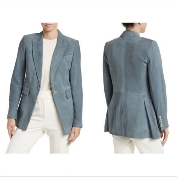 VERONICA BEARD Long and Lean Lamb Leather Blazer Jacket Size 10 Blue Suede - Picture 3 of 13